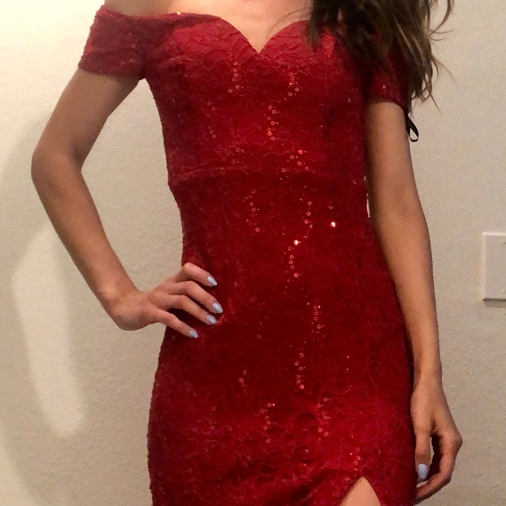 Red off the shoulder gown